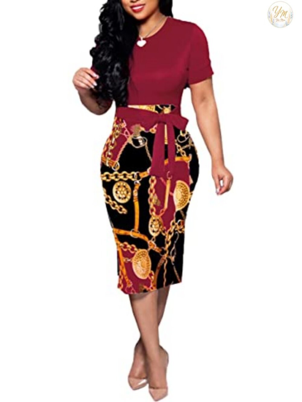 Women Midi Bodycon Dress Floral Print Pencil Work Casual Cute